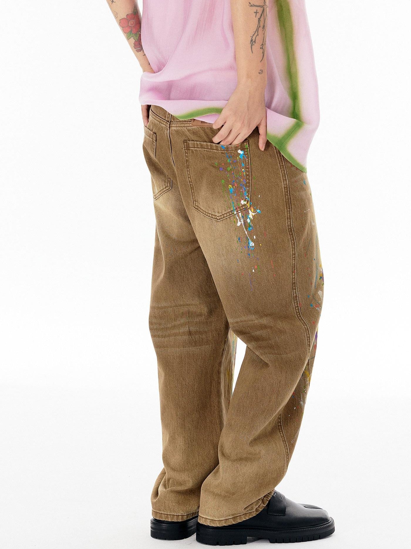 APRIORITY Paint Splatter Distressed Vintage Washed Wide Straight Women's Denim Chinos