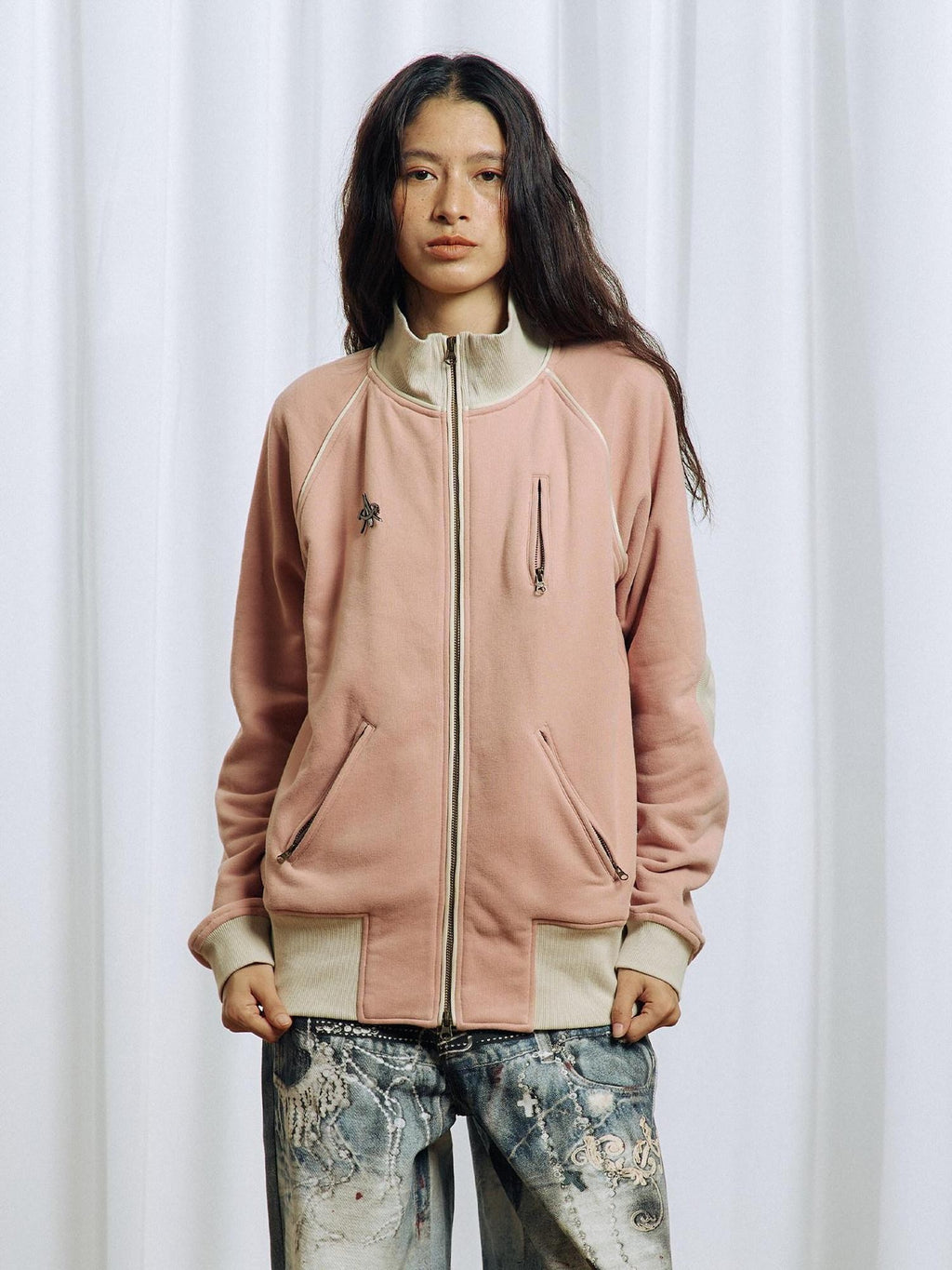 APRIORITY Pink Colorblock Elbow Patch Rib Stand Collar Women's Cotton Blend Casual Jackets