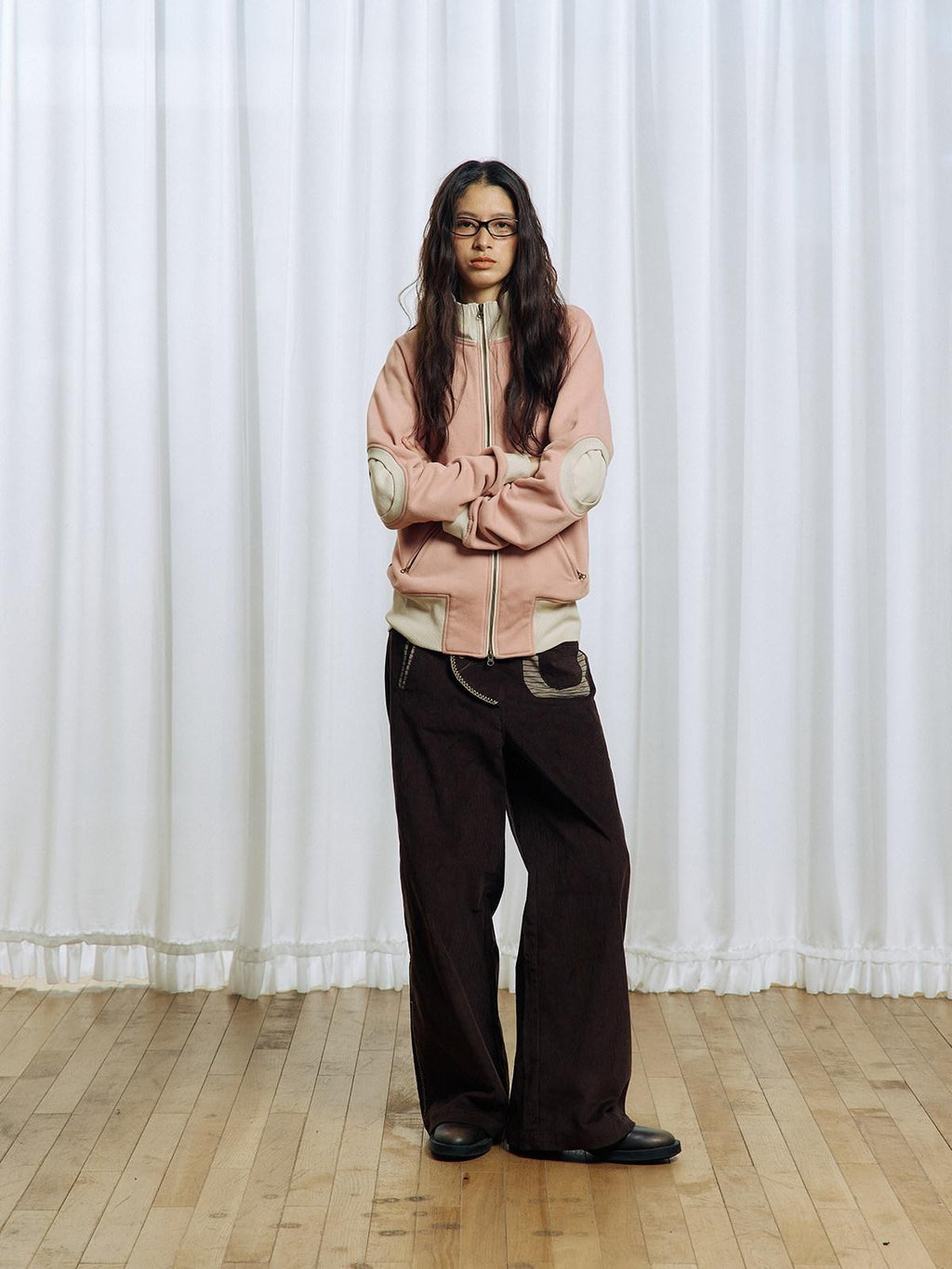 APRIORITY Pink Colorblock Elbow Patch Rib Stand Collar Women's Cotton Blend Casual Jackets
