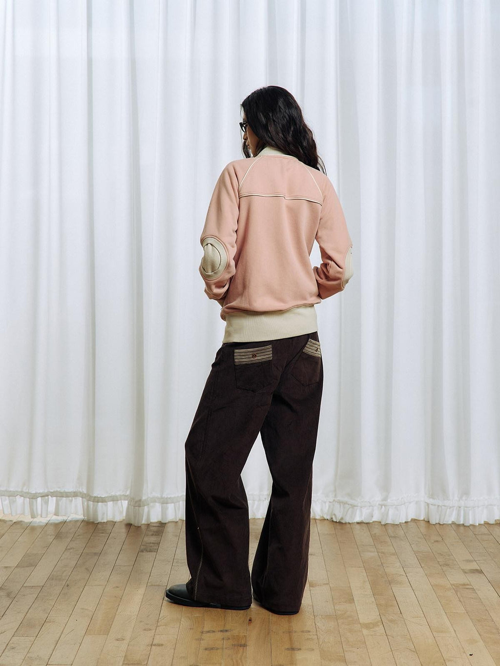 APRIORITY Pink Colorblock Elbow Patch Rib Stand Collar Women's Cotton Blend Casual Jackets
