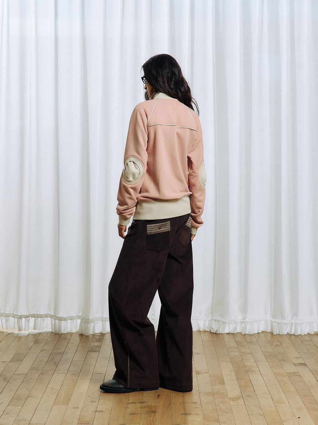 APRIORITY Pink Colorblock Elbow Patch Rib Stand Collar Women's Cotton Blend Casual Jackets