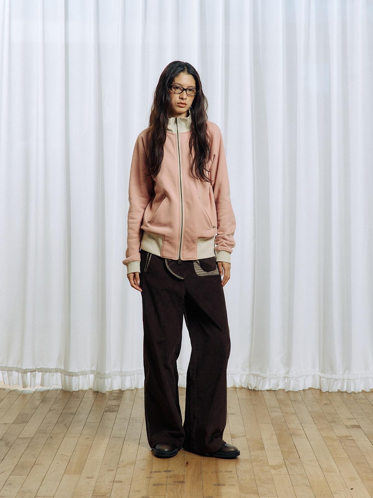 APRIORITY Pink Colorblock Elbow Patch Rib Stand Collar Women's Cotton Blend Casual Jackets