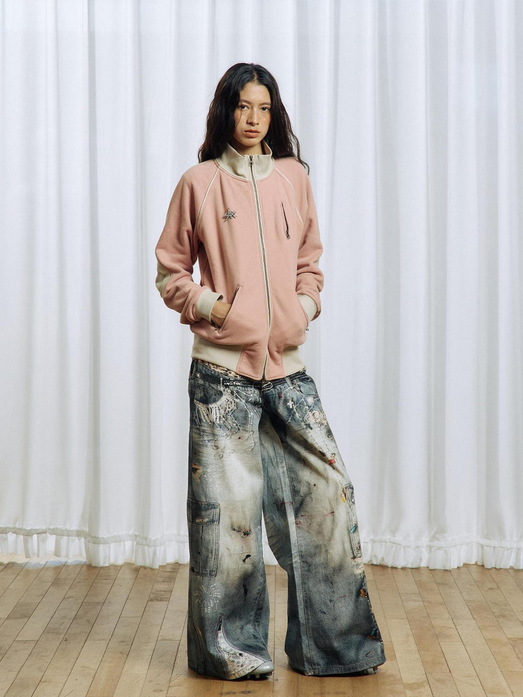 APRIORITY Pink Colorblock Elbow Patch Rib Stand Collar Women's Cotton Blend Casual Jackets