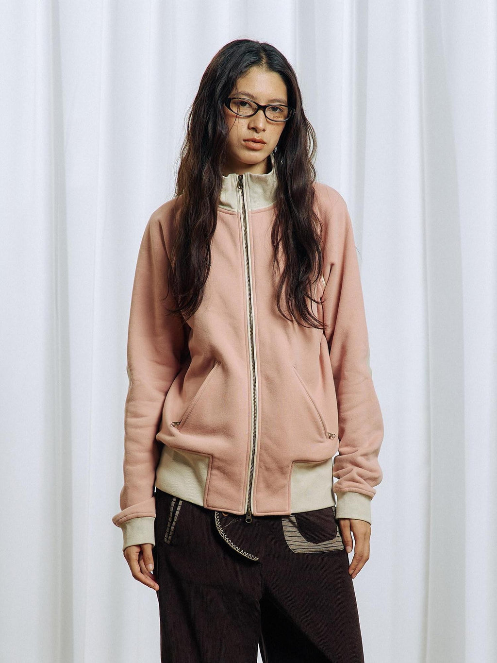 APRIORITY Pink Colorblock Elbow Patch Rib Stand Collar Women's Cotton Blend Casual Jackets