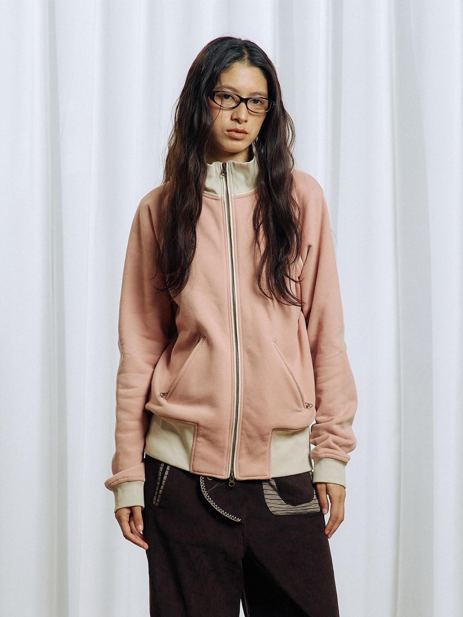 APRIORITY Pink Colorblock Elbow Patch Rib Stand Collar Women's Cotton Blend Casual Jackets