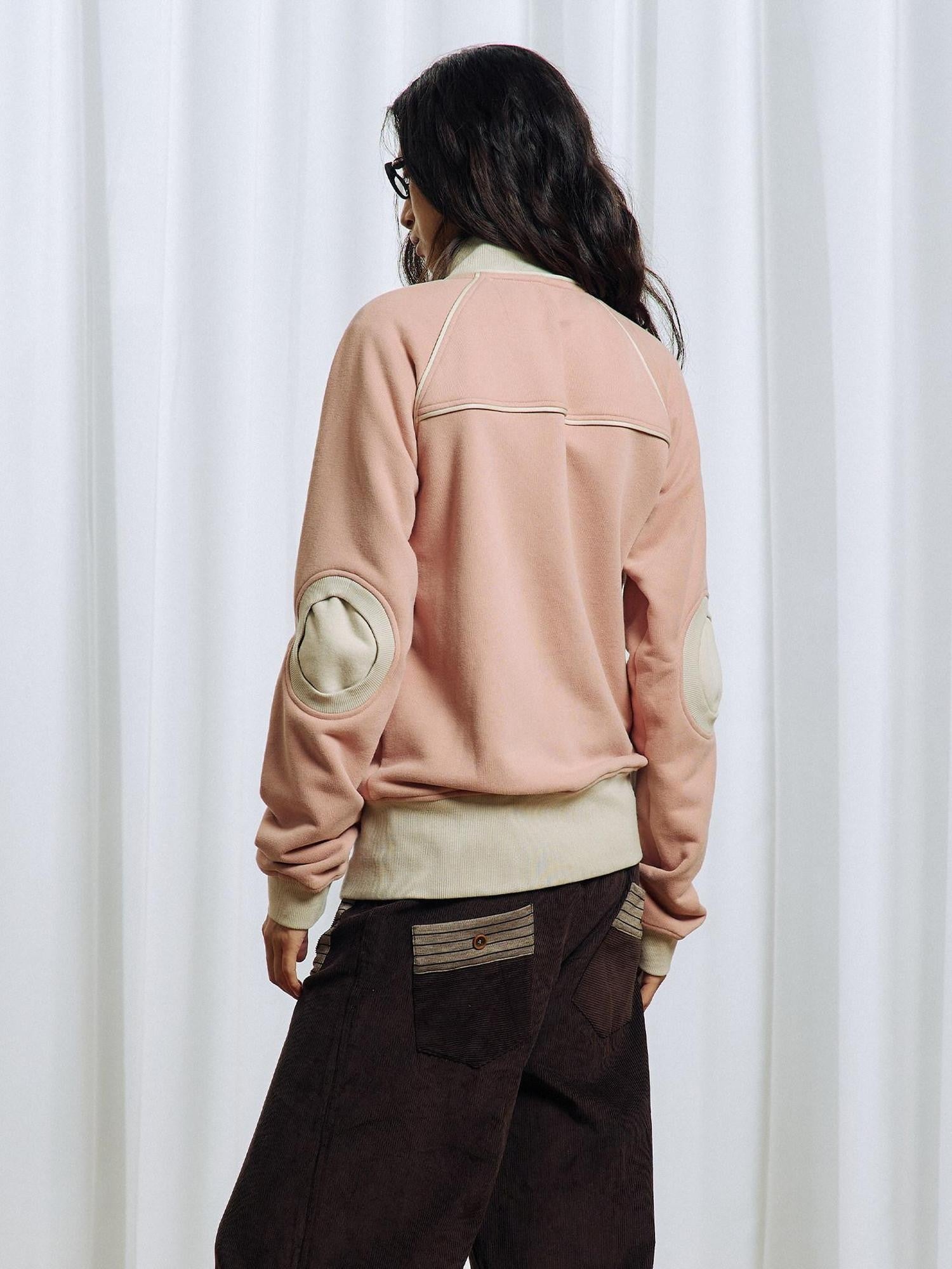 APRIORITY Pink Colorblock Elbow Patch Rib Stand Collar Women's Cotton Blend Casual Jackets
