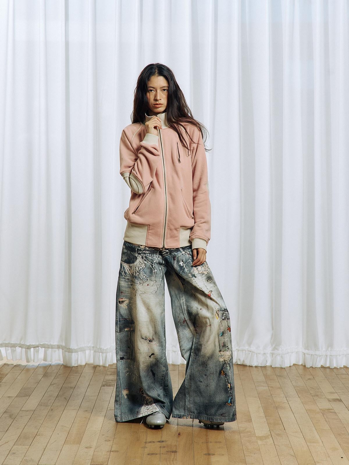 APRIORITY Pink Colorblock Elbow Patch Rib Stand Collar Women's Cotton Blend Casual Jackets