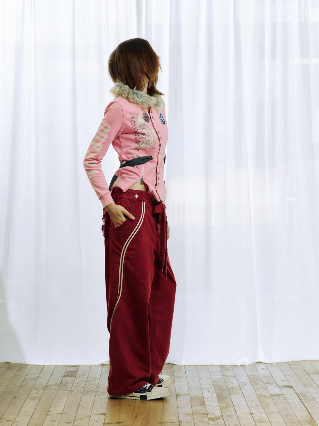 APRIORITY Pink Embroidered Detachable Fur Collar Letter Zip Punk Women's Cotton Cardigans