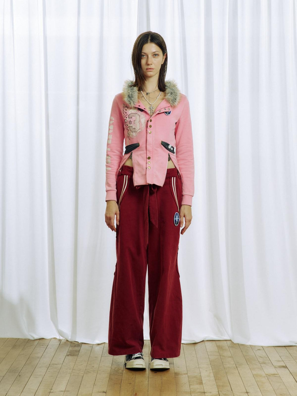APRIORITY Pink Embroidered Detachable Fur Collar Letter Zip Punk Women's Cotton Cardigans