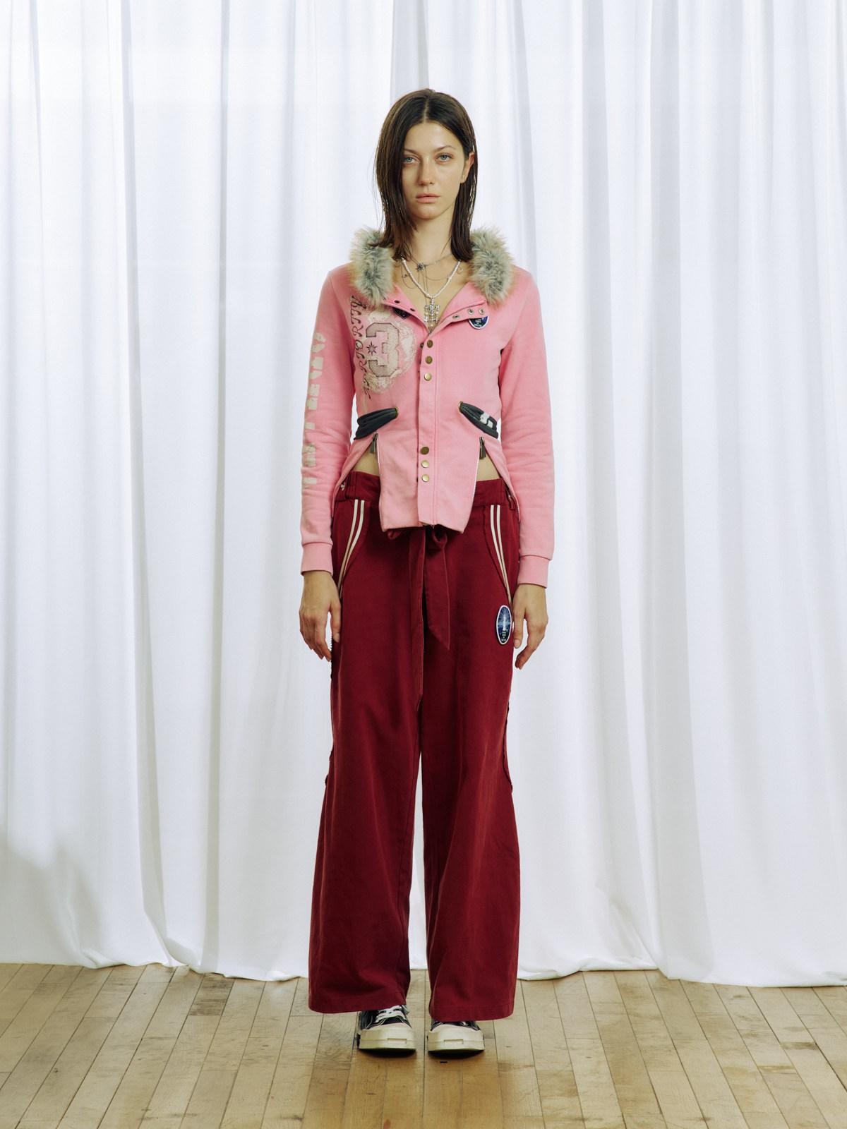 APRIORITY Pink Embroidered Detachable Fur Collar Letter Zip Punk Women's Cotton Cardigans