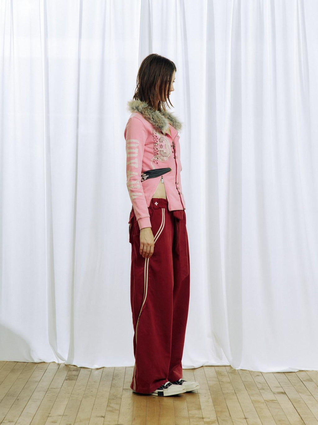 APRIORITY Pink Embroidered Detachable Fur Collar Letter Zip Punk Women's Cotton Cardigans