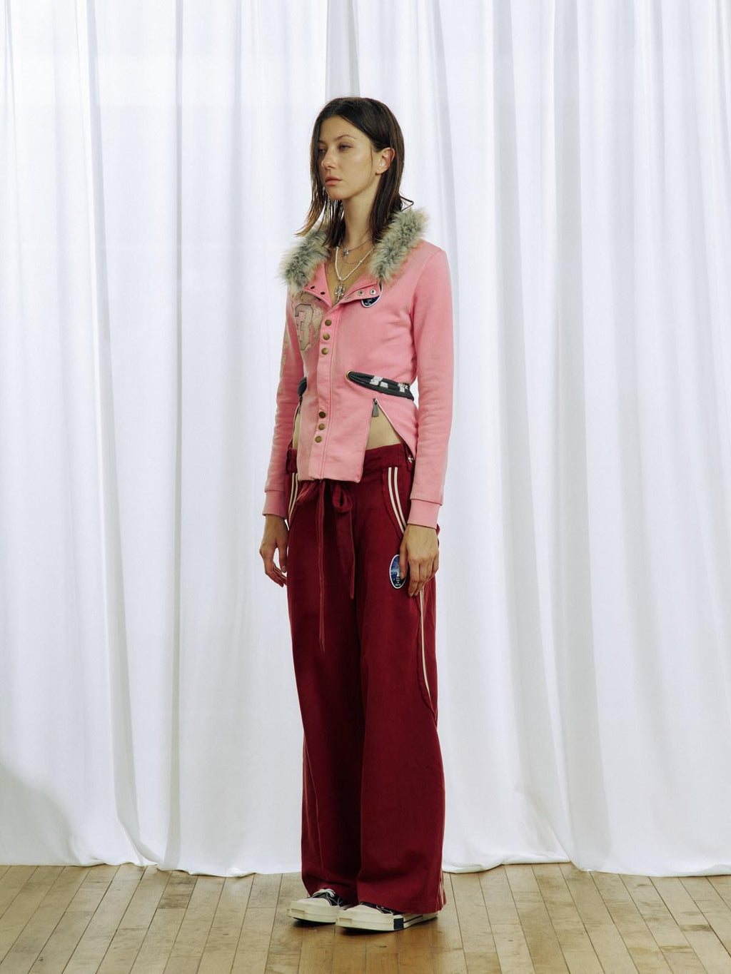APRIORITY Pink Embroidered Detachable Fur Collar Letter Zip Punk Women's Cotton Cardigans