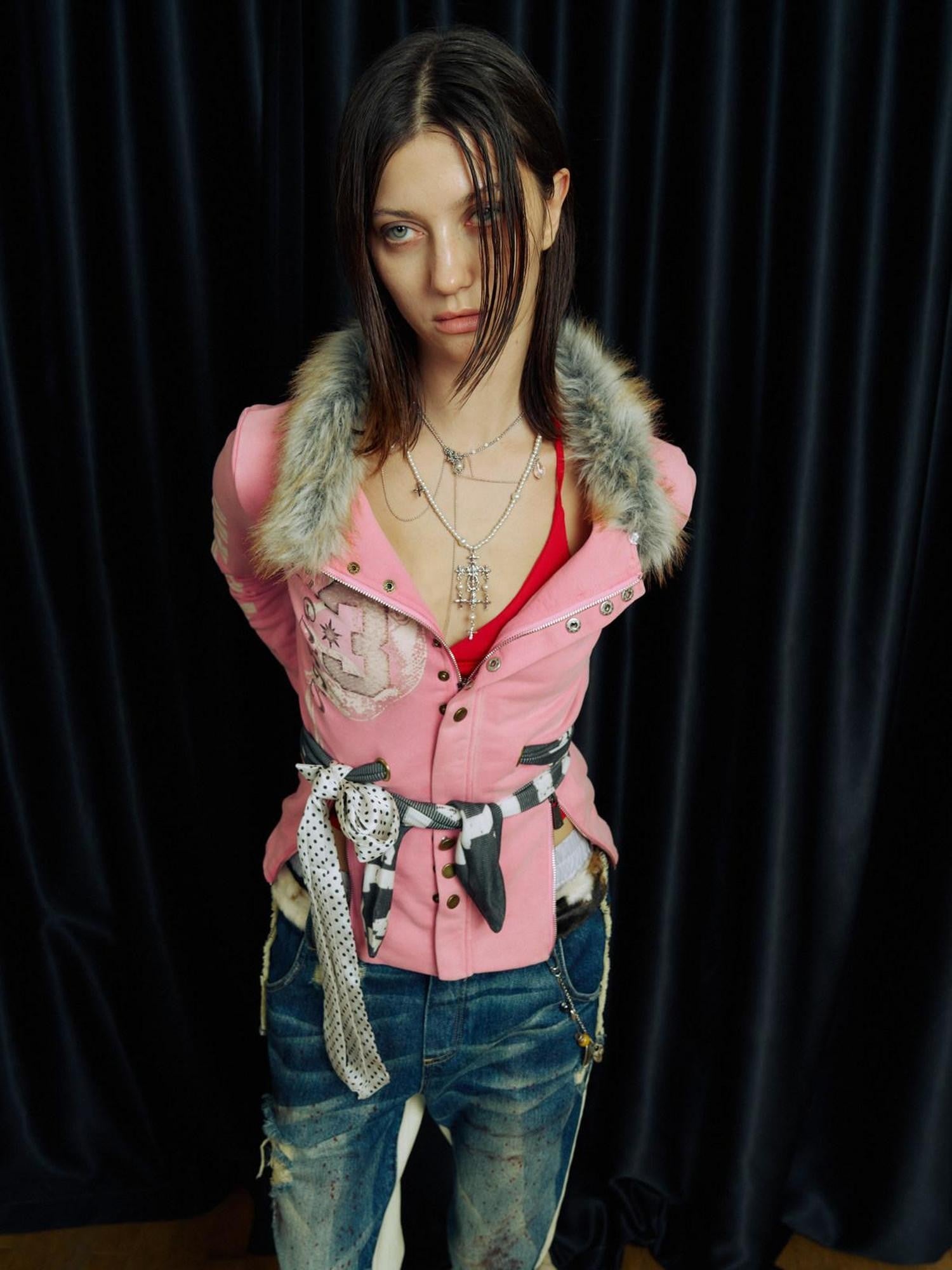 APRIORITY Pink Embroidered Detachable Fur Collar Letter Zip Punk Women's Cotton Cardigans