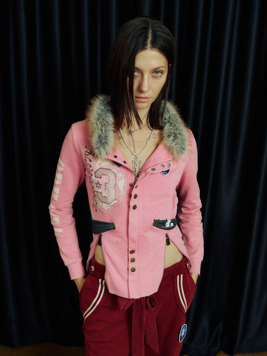 APRIORITY Pink Embroidered Detachable Fur Collar Letter Zip Punk Women's Cotton Cardigans