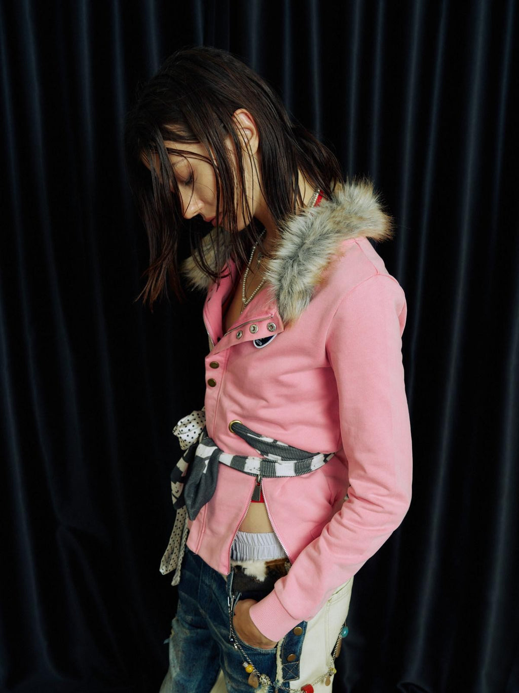APRIORITY Pink Embroidered Detachable Fur Collar Letter Zip Punk Women's Cotton Cardigans