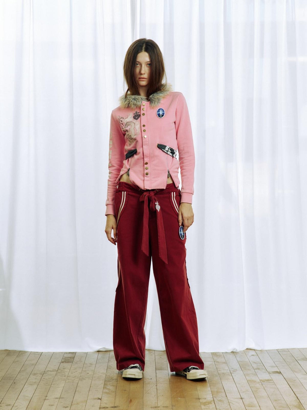 APRIORITY Pink Embroidered Detachable Fur Collar Letter Zip Punk Women's Cotton Cardigans