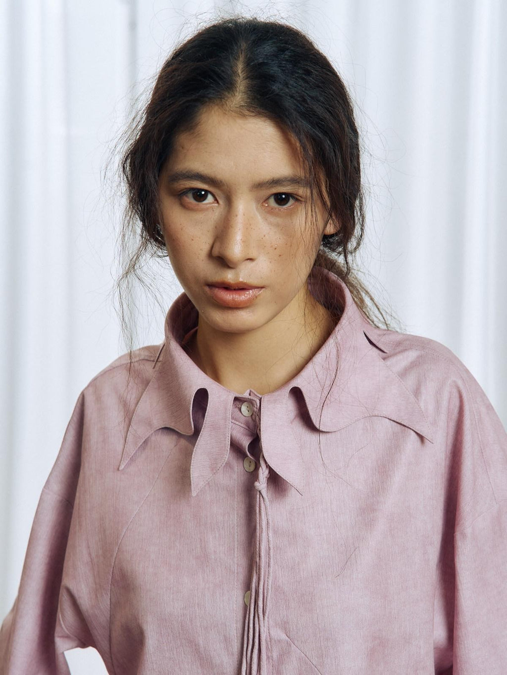 APRIORITY Pink Floral Tie Ruffle Pleated Collar Women's Polyester Blouses
