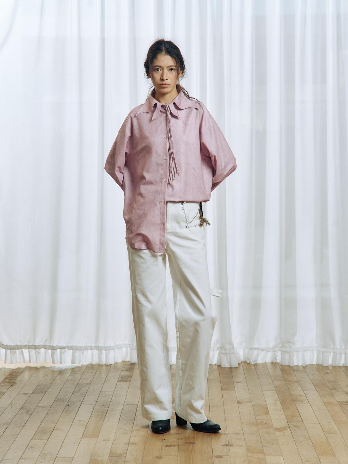 APRIORITY Pink Floral Tie Ruffle Pleated Collar Women's Polyester Blouses