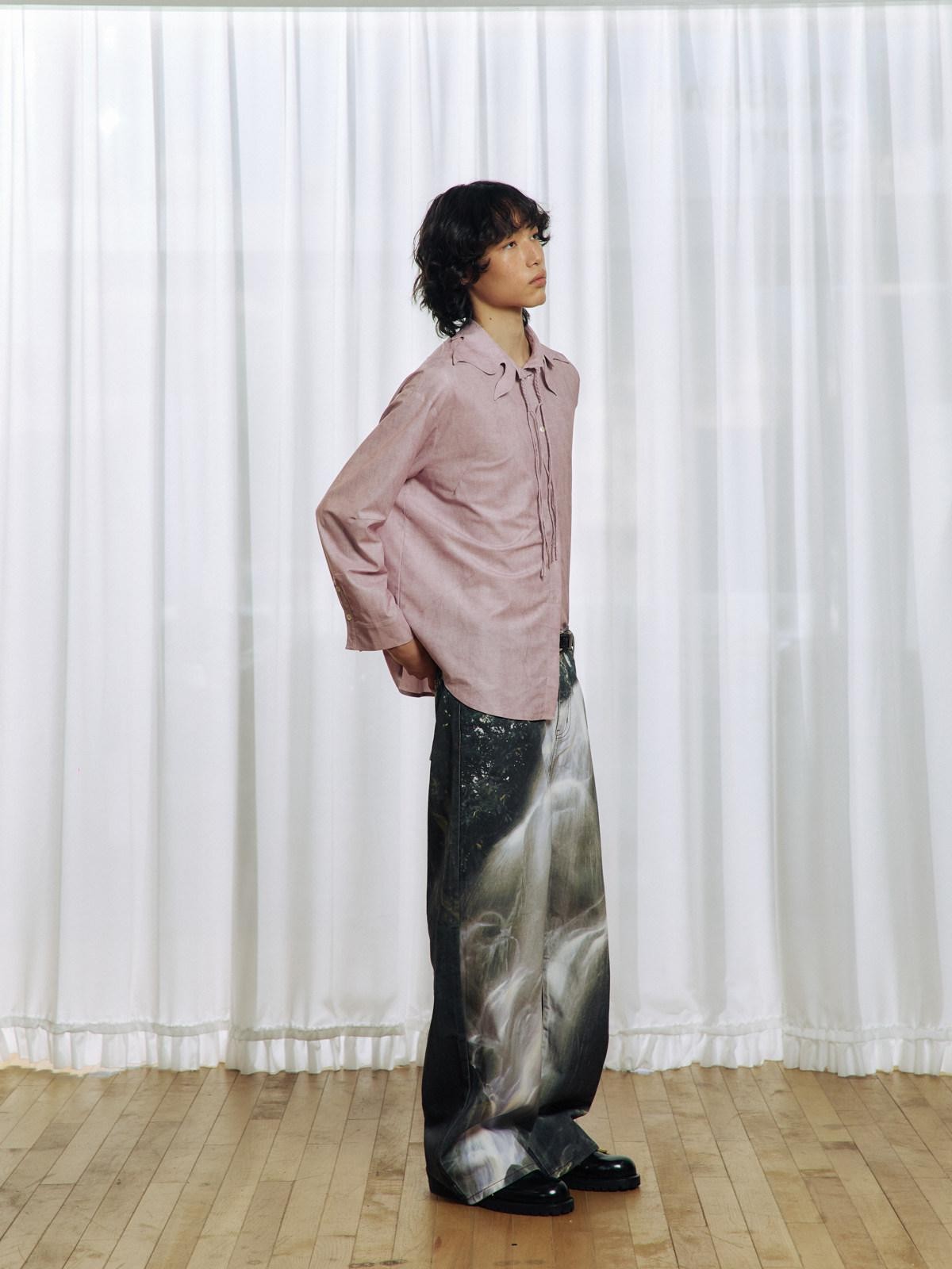 APRIORITY Pink Floral Tie Ruffle Pleated Collar Women's Polyester Blouses