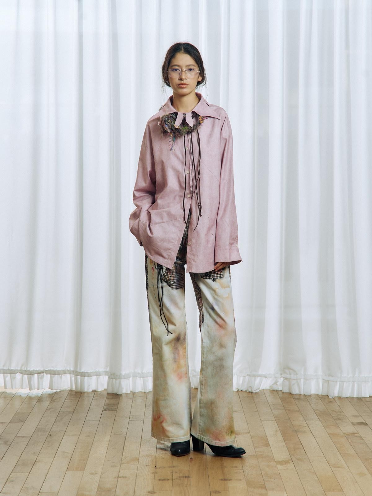 APRIORITY Pink Floral Tie Ruffle Pleated Collar Women's Polyester Blouses