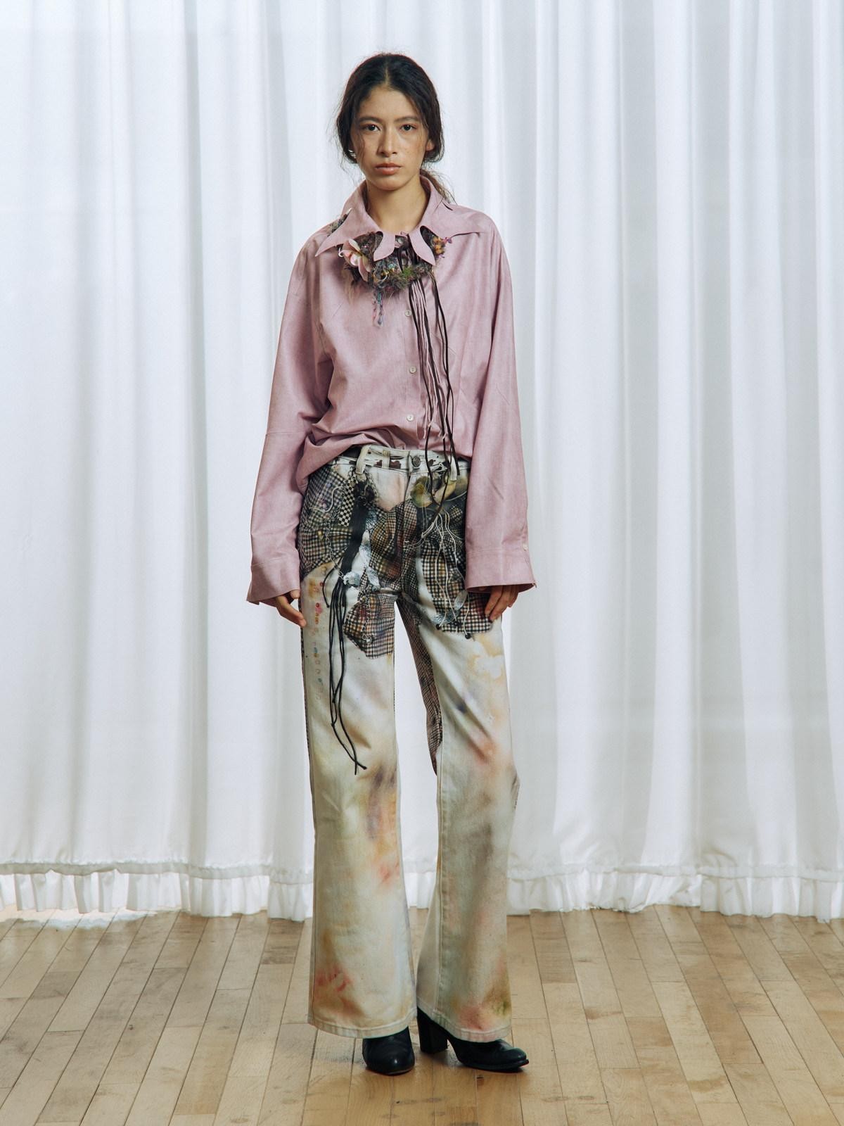 APRIORITY Pink Floral Tie Ruffle Pleated Collar Women's Polyester Blouses