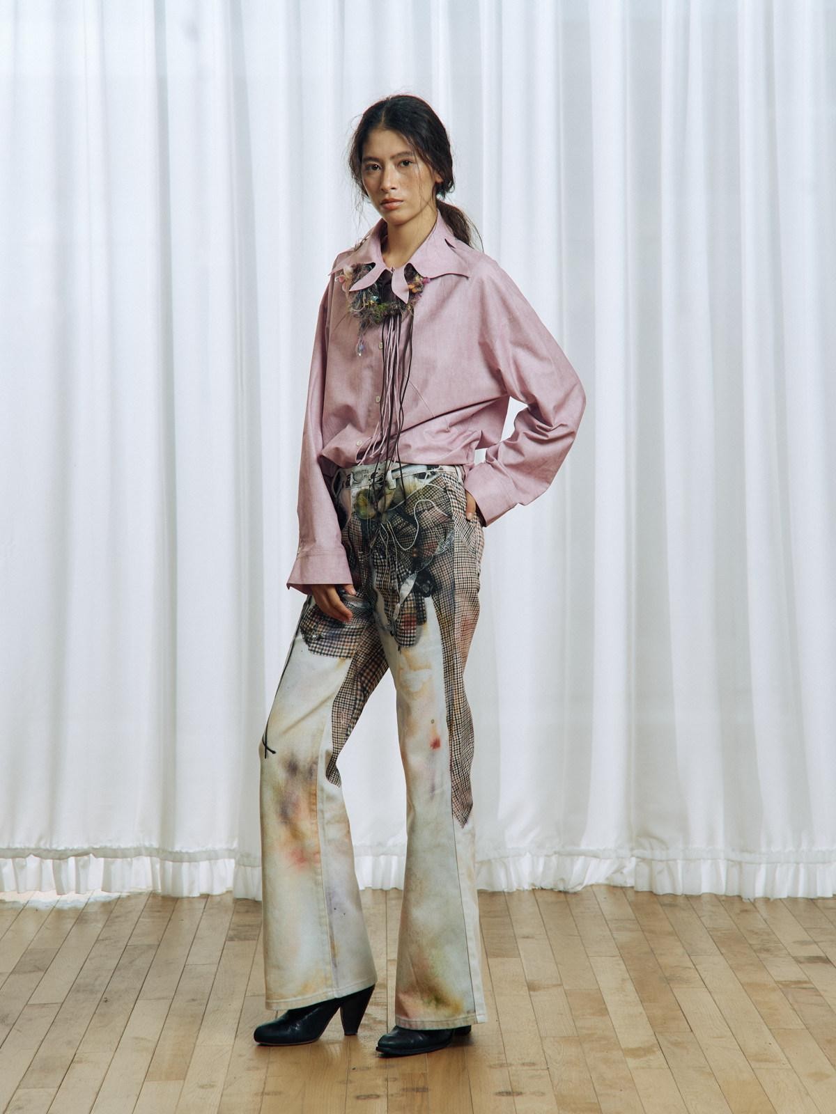 APRIORITY Pink Floral Tie Ruffle Pleated Collar Women's Polyester Blouses