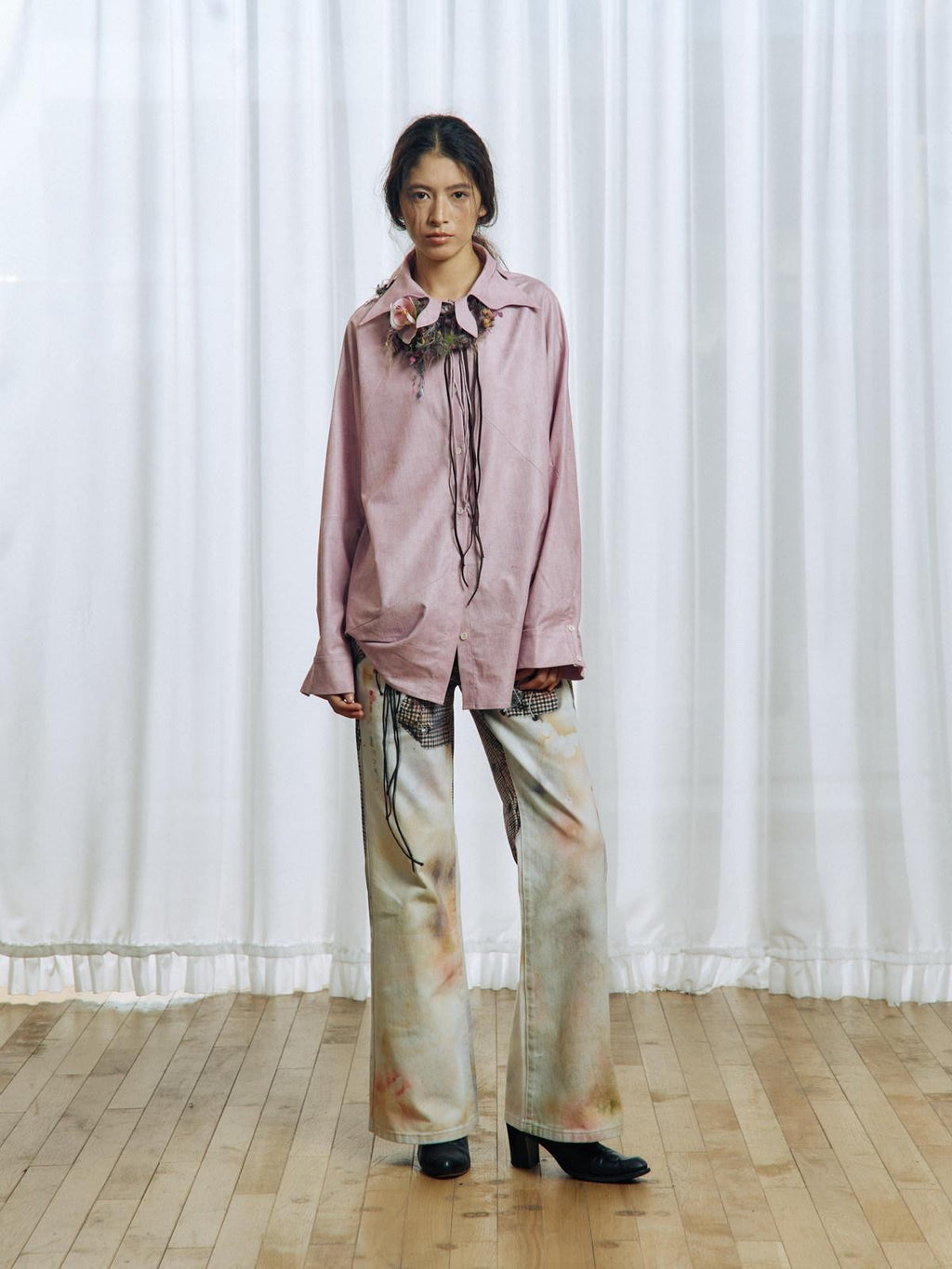 APRIORITY Pink Floral Tie Ruffle Pleated Collar Women's Polyester Blouses