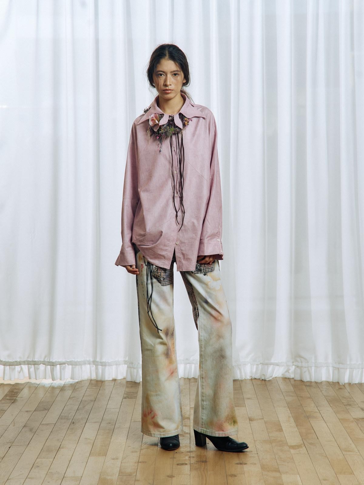 APRIORITY Pink Floral Tie Ruffle Pleated Collar Women's Polyester Blouses