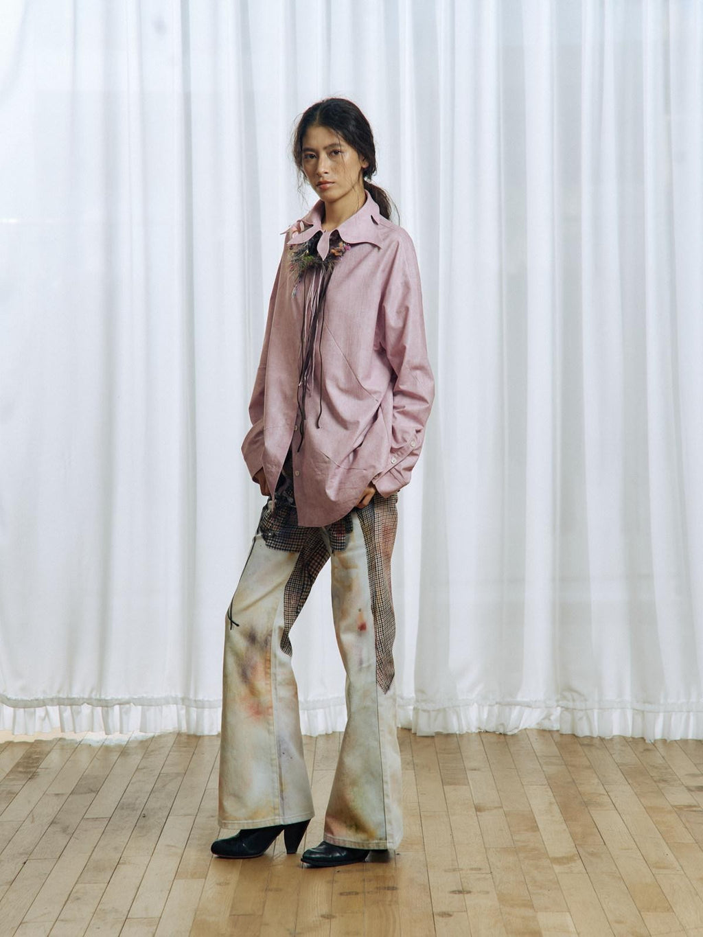 APRIORITY Pink Floral Tie Ruffle Pleated Collar Women's Polyester Blouses