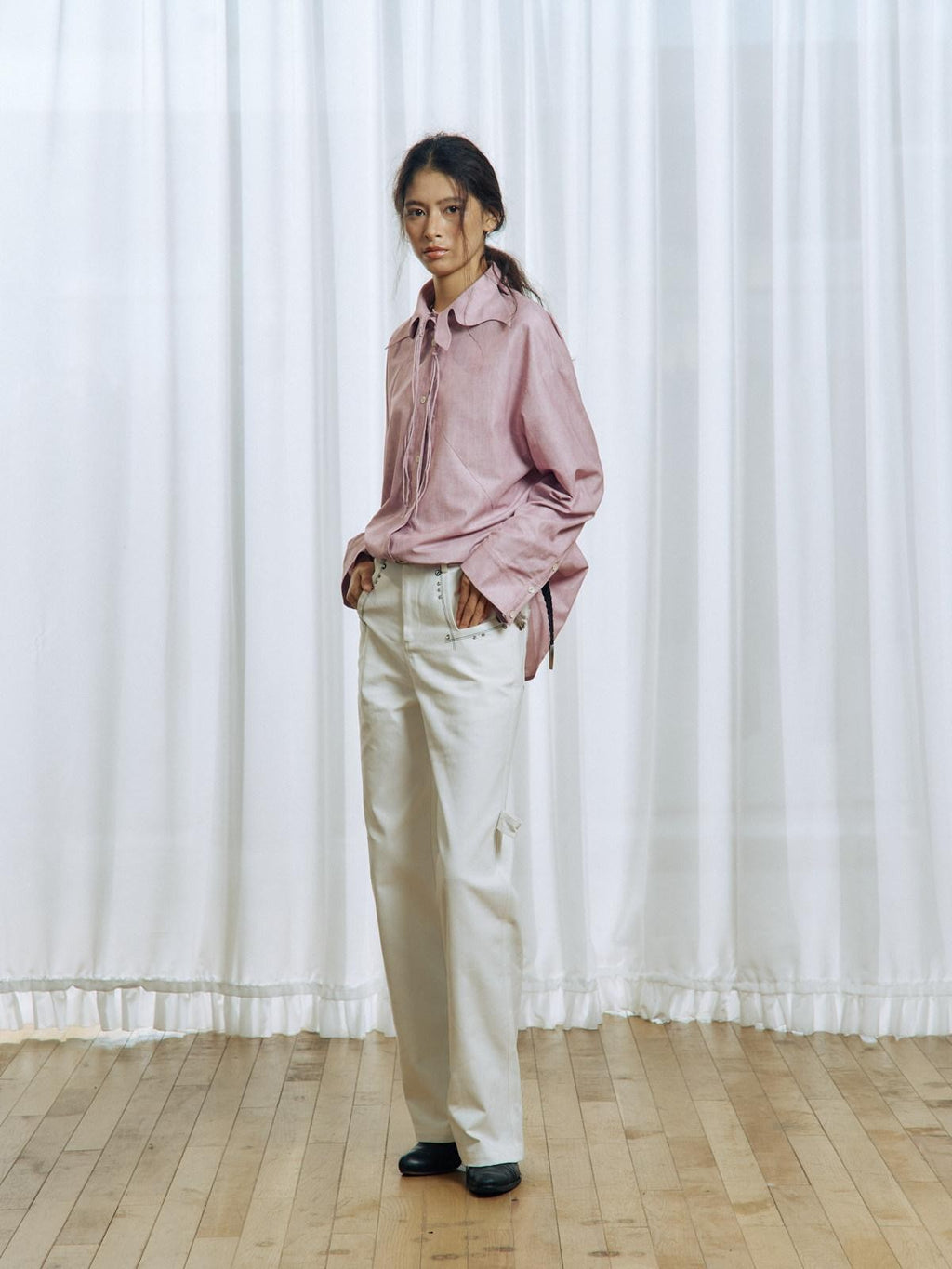 APRIORITY Pink Floral Tie Ruffle Pleated Collar Women's Polyester Blouses
