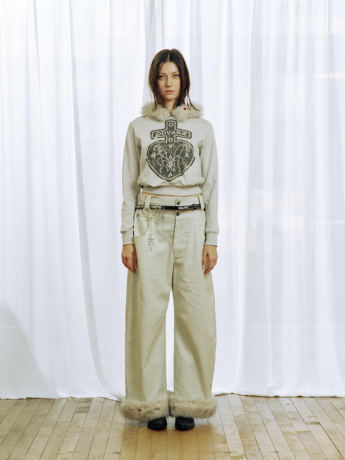 APRIORITY Plush Hem Rhinestone Splice Distressed Textured Print Women's Cotton Chinos