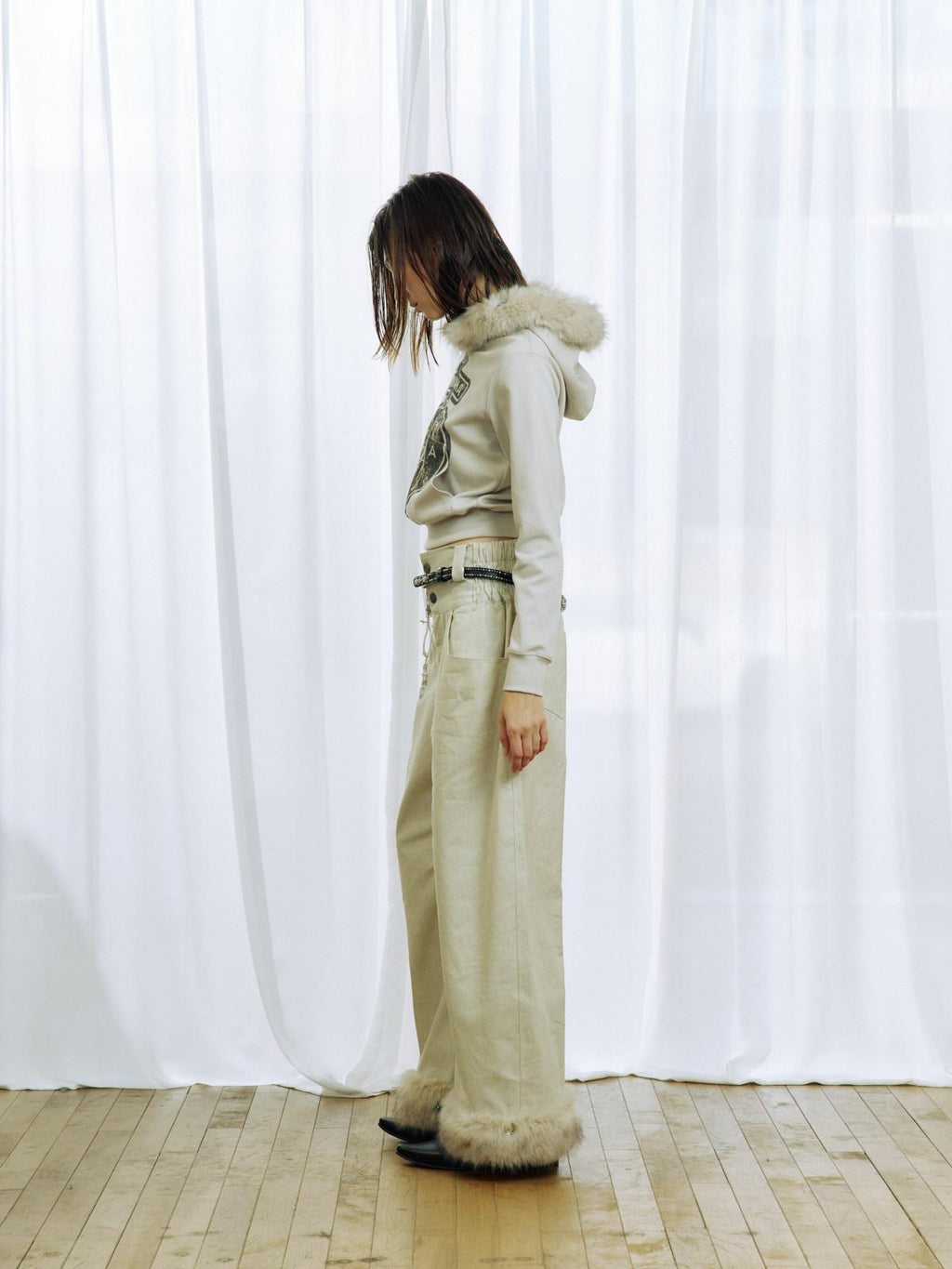 APRIORITY Plush Hem Rhinestone Splice Distressed Textured Print Women's Cotton Chinos