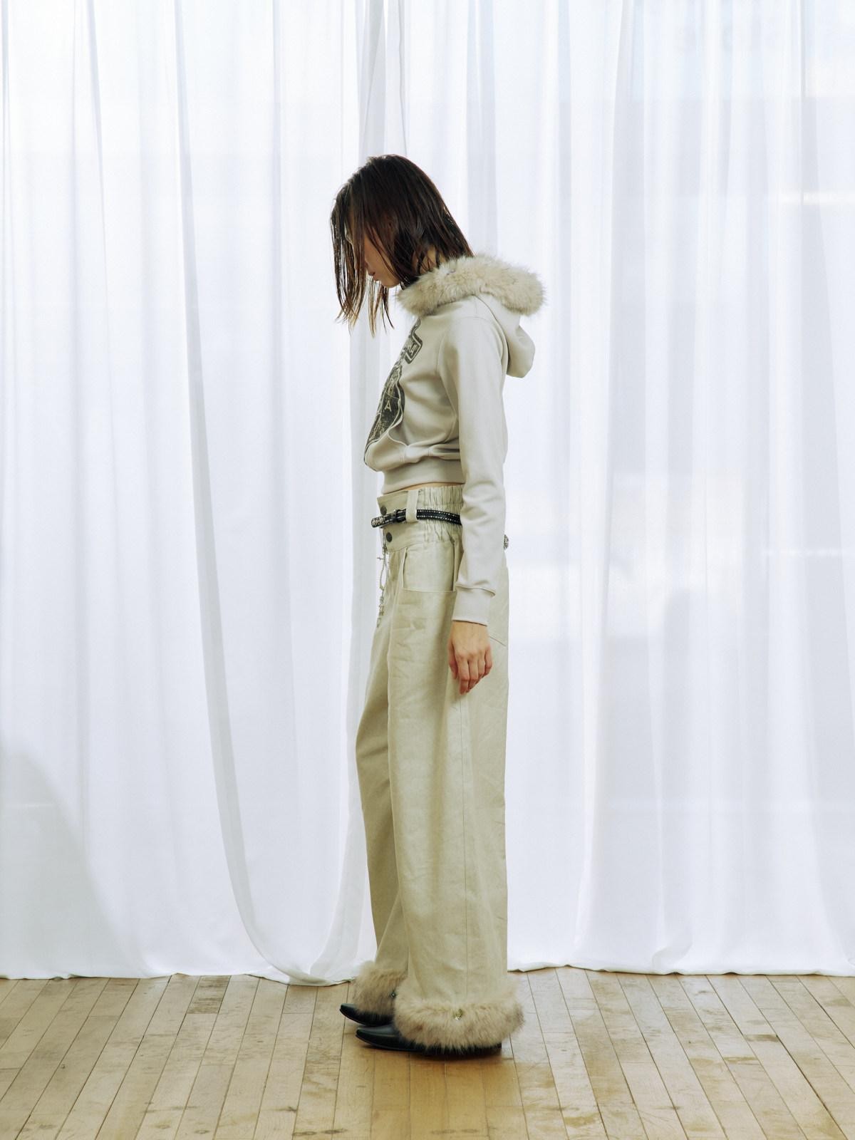 APRIORITY Plush Hem Rhinestone Splice Distressed Textured Print Women's Cotton Chinos