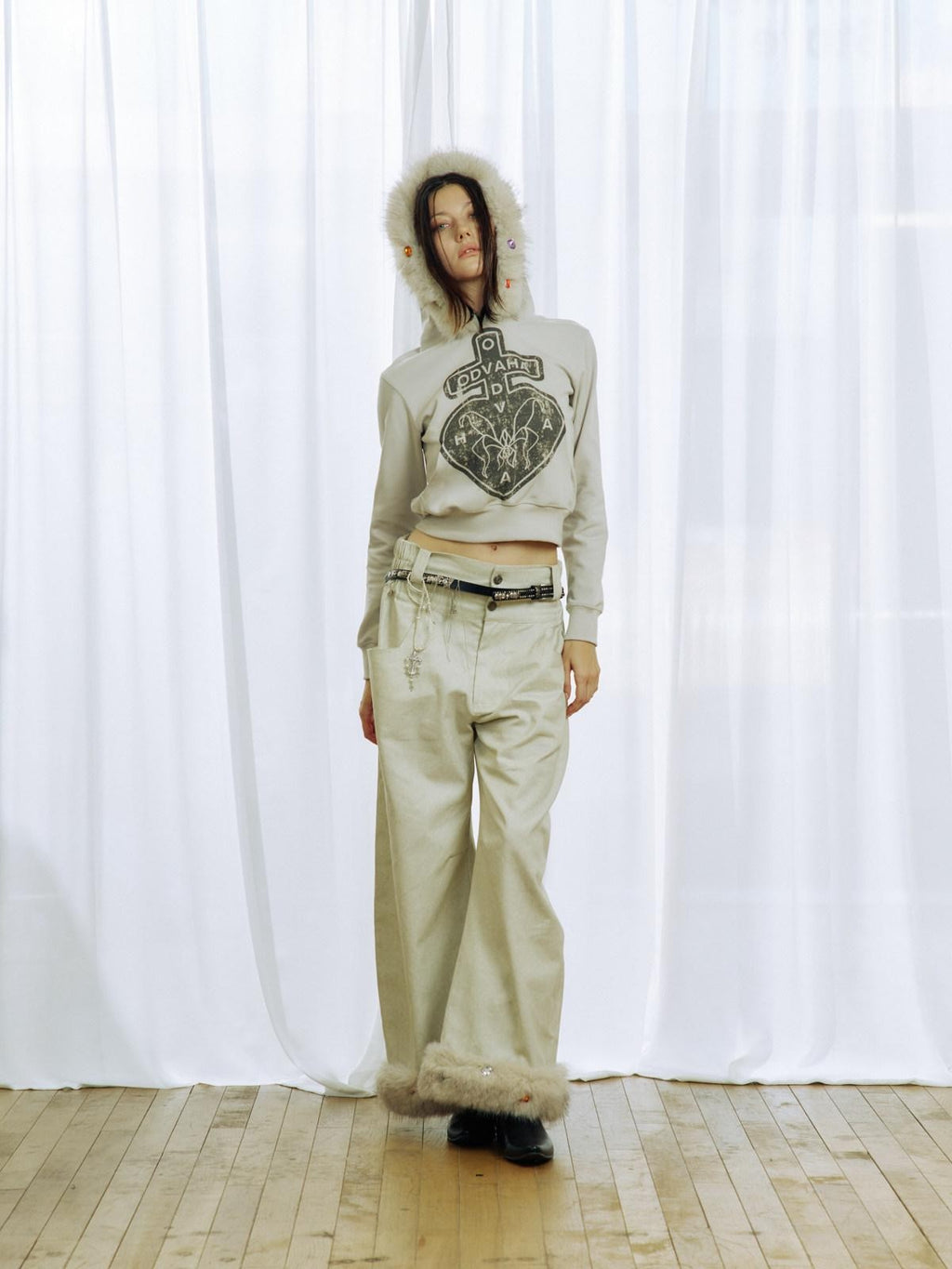 APRIORITY Plush Hem Rhinestone Splice Distressed Textured Print Women's Cotton Chinos