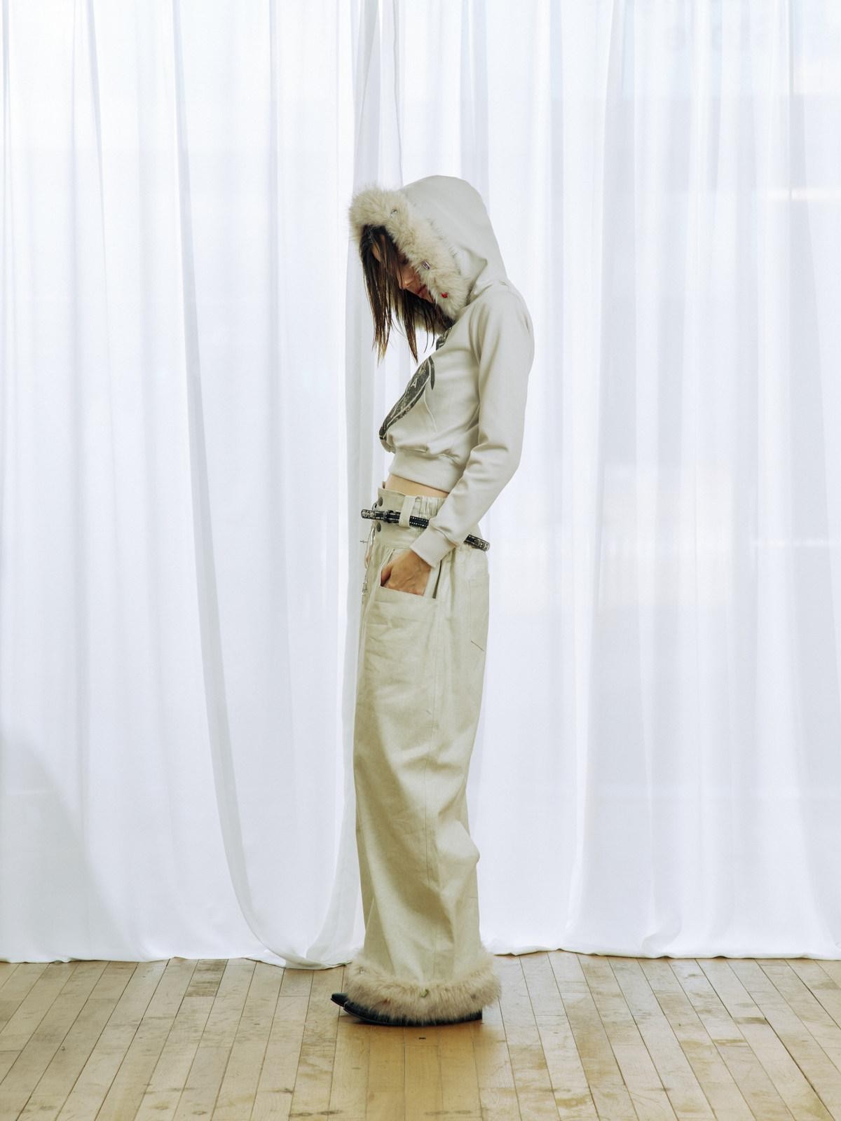 APRIORITY Plush Hem Rhinestone Splice Distressed Textured Print Women's Cotton Chinos