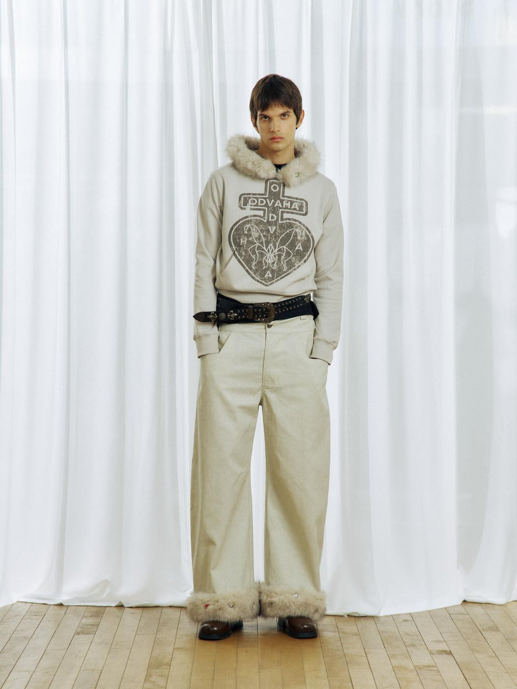 APRIORITY Plush Hem Rhinestone Splice Distressed Textured Print Women's Cotton Chinos