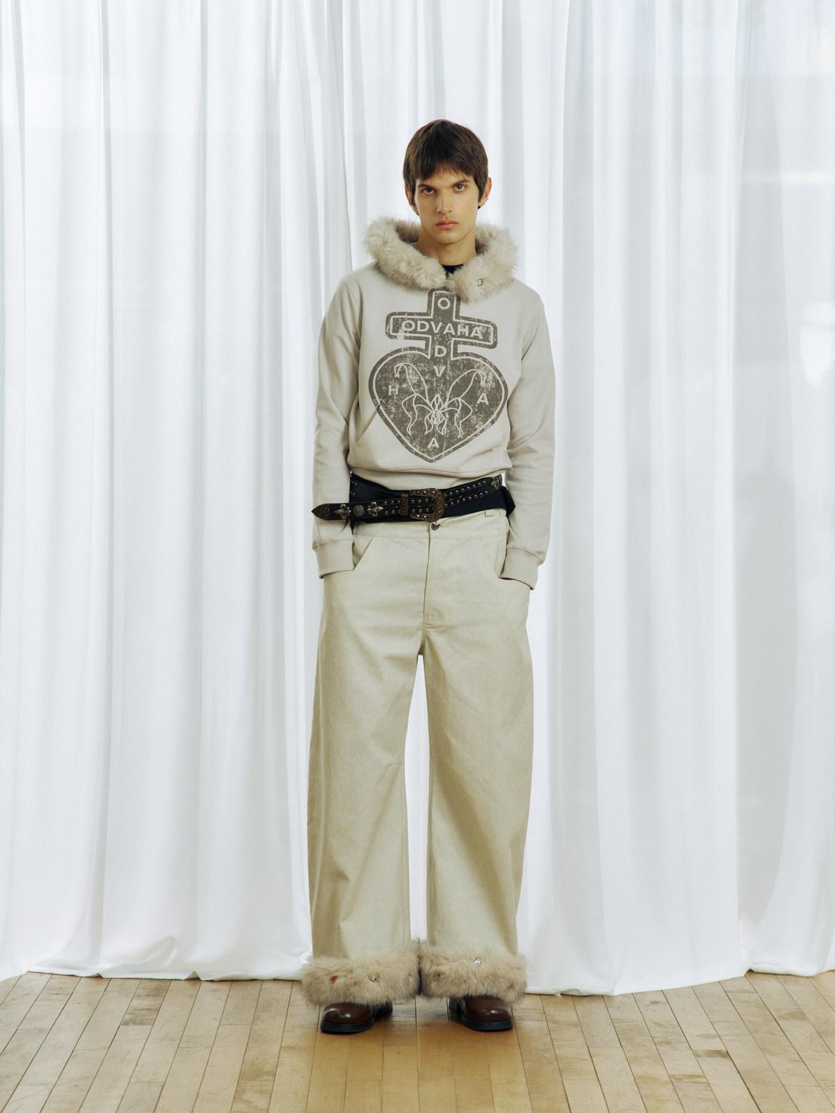 APRIORITY Plush Hem Rhinestone Splice Distressed Textured Print Women's Cotton Chinos