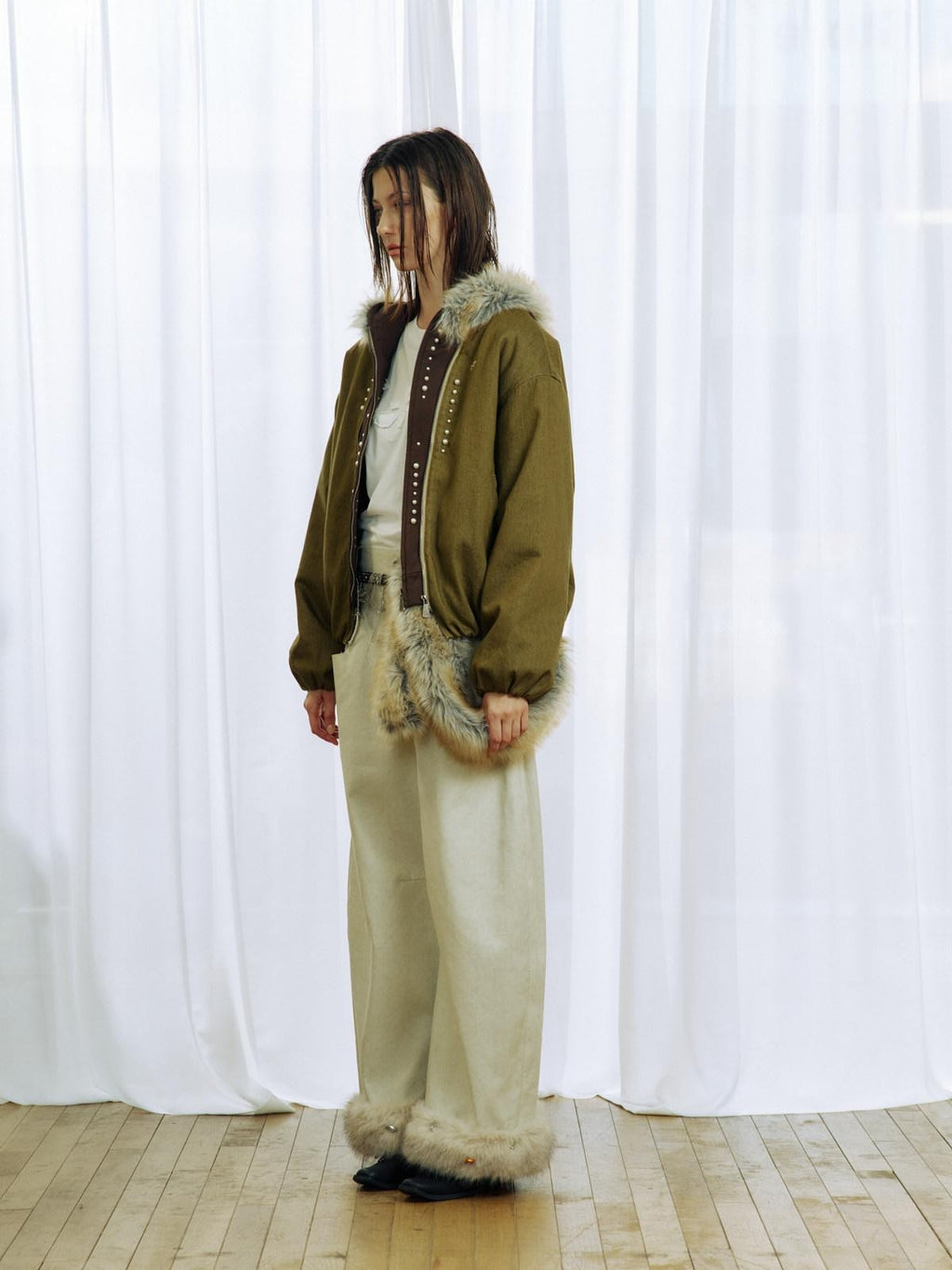 APRIORITY Plush Hem Rhinestone Splice Distressed Textured Print Women's Cotton Chinos