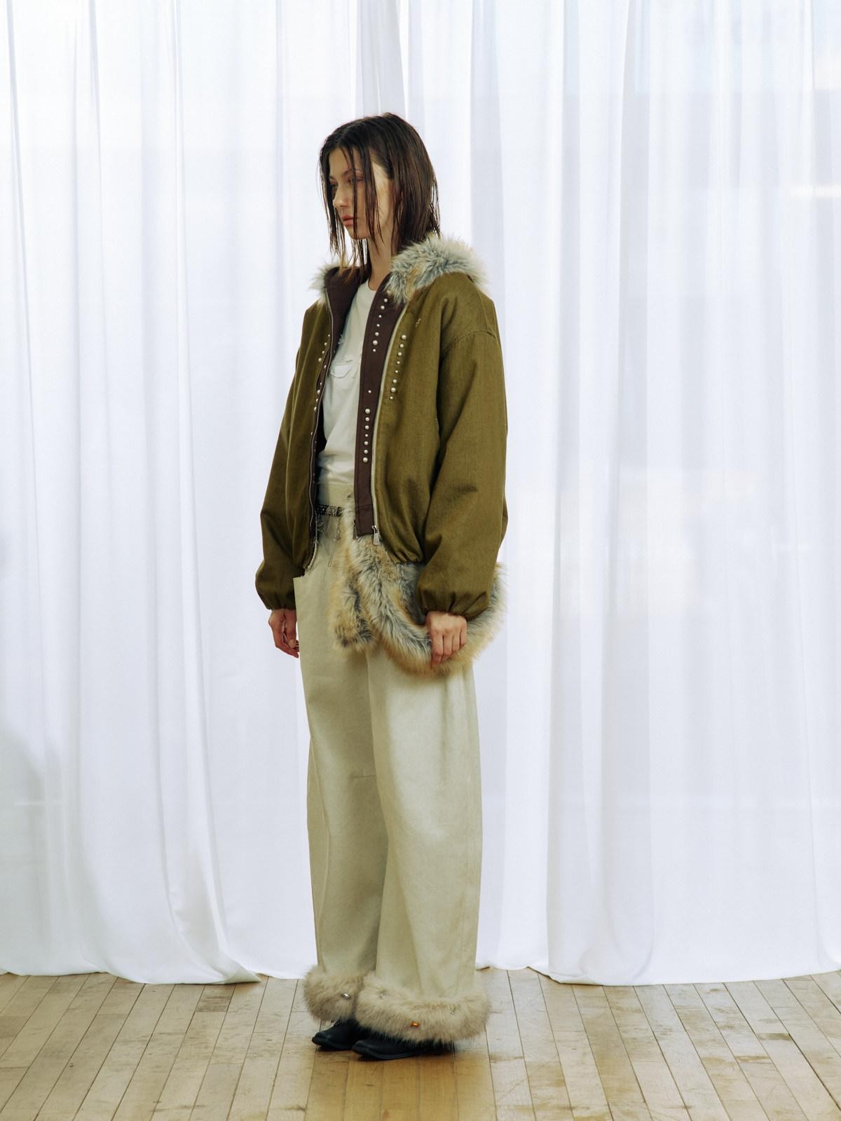 APRIORITY Plush Hem Rhinestone Splice Distressed Textured Print Women's Cotton Chinos