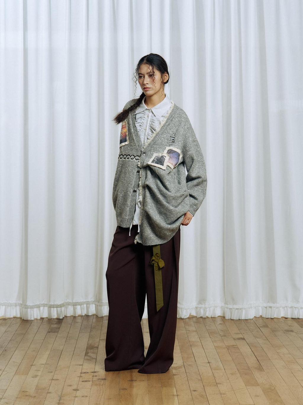 APRIORITY Printed Applique Asymmetric Wavy Ruching Women's Cotton Blend Cardigans