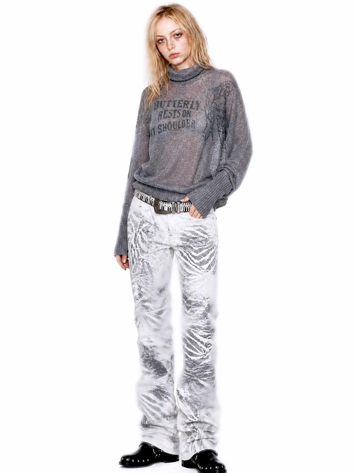 APRIORITY Printed Butterfly Batwing Sleeve Women's Mohair Wool Blend Turtleneck Sweaters
