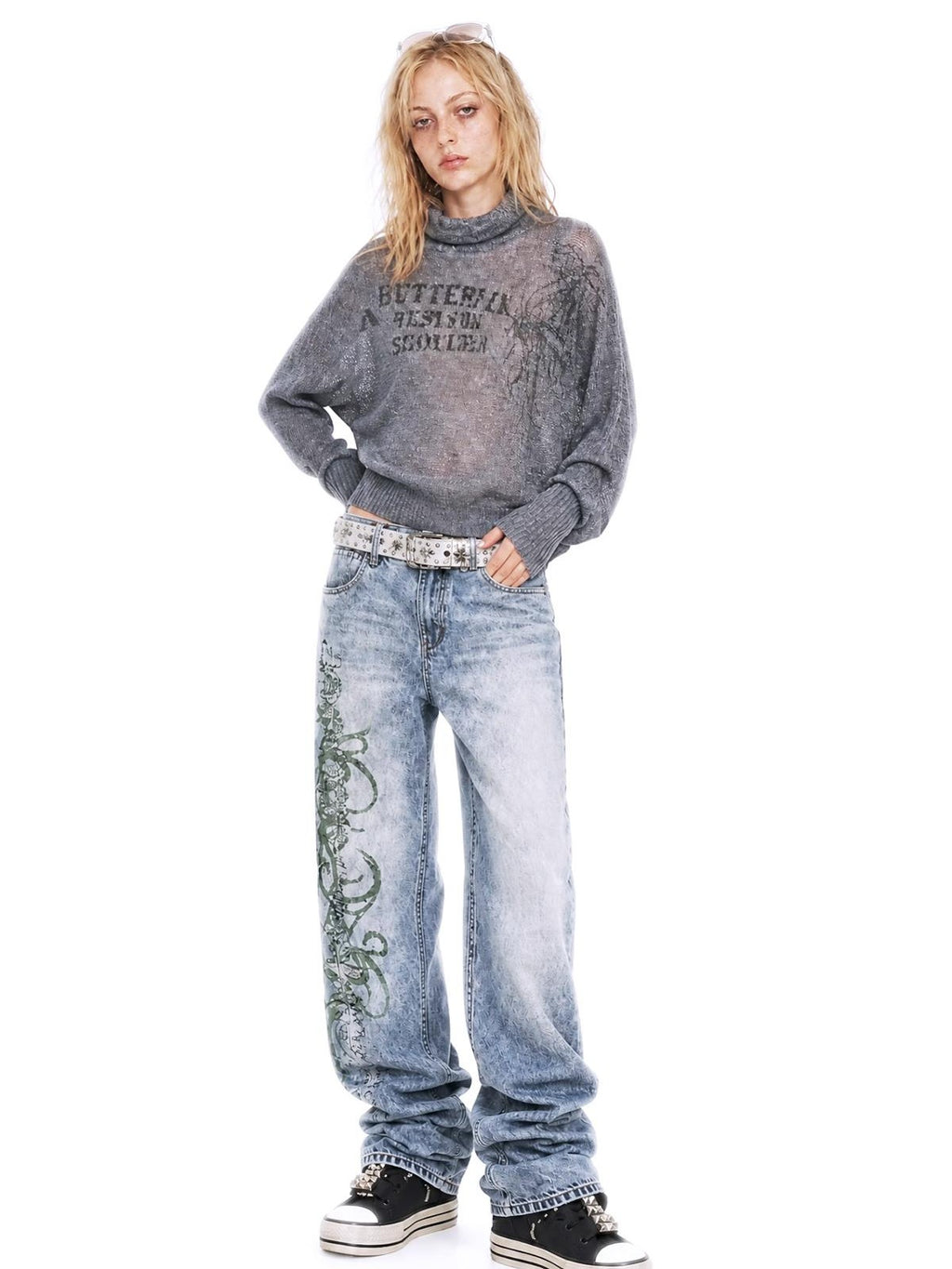 APRIORITY Printed Butterfly Batwing Sleeve Women's Mohair Wool Blend Turtleneck Sweaters