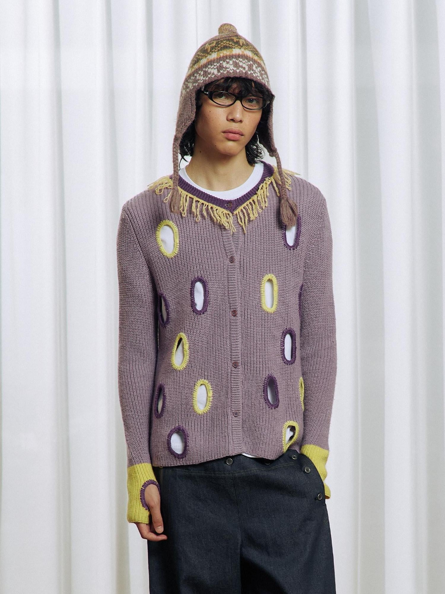 APRIORITY Purple Cutout Geometric Contrast V-neck Women's Wool Blend Cardigans