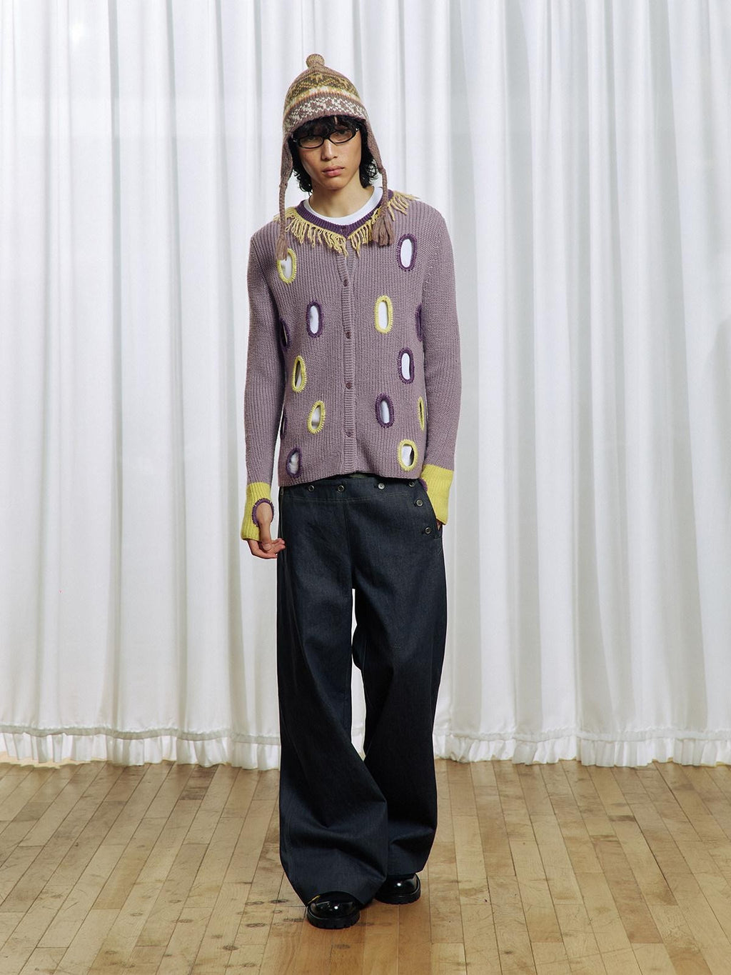 APRIORITY Purple Cutout Geometric Contrast V-neck Women's Wool Blend Cardigans