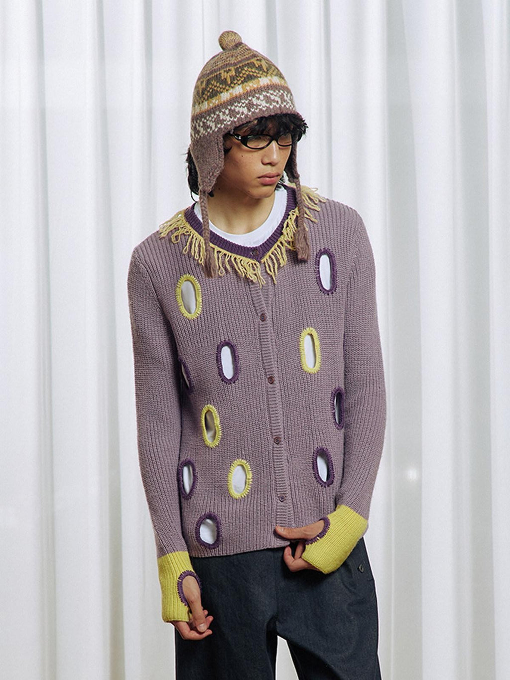 APRIORITY Purple Cutout Geometric Contrast V-neck Women's Wool Blend Cardigans