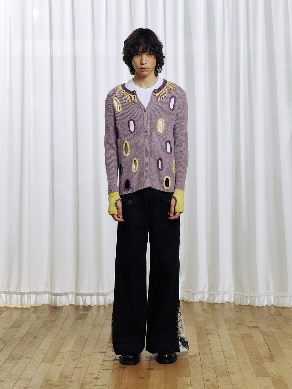 APRIORITY Purple Cutout Geometric Contrast V-neck Women's Wool Blend Cardigans