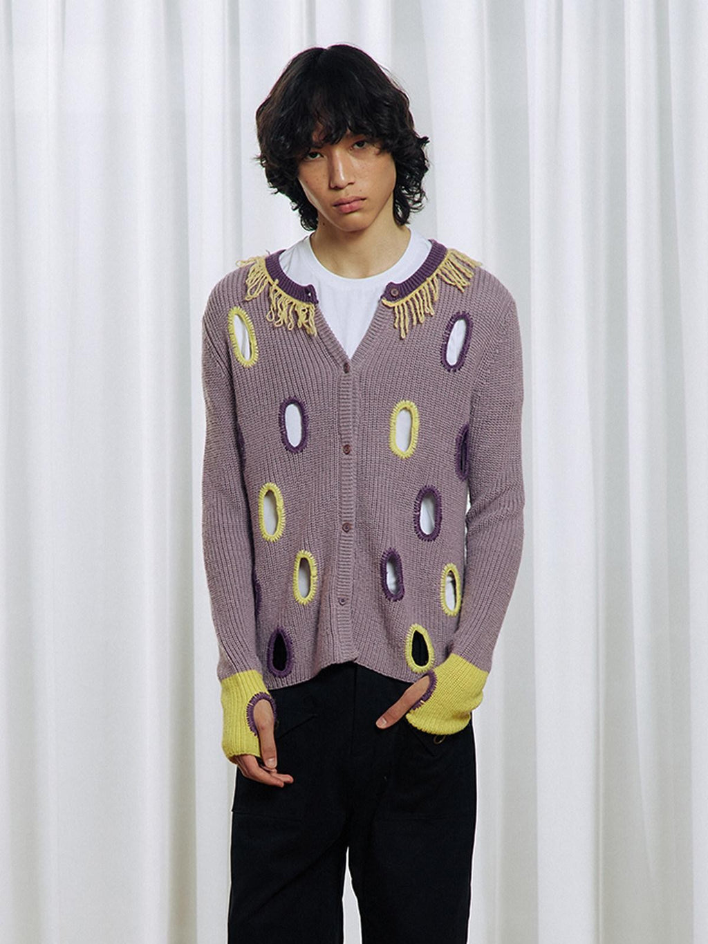 APRIORITY Purple Cutout Geometric Contrast V-neck Women's Wool Blend Cardigans