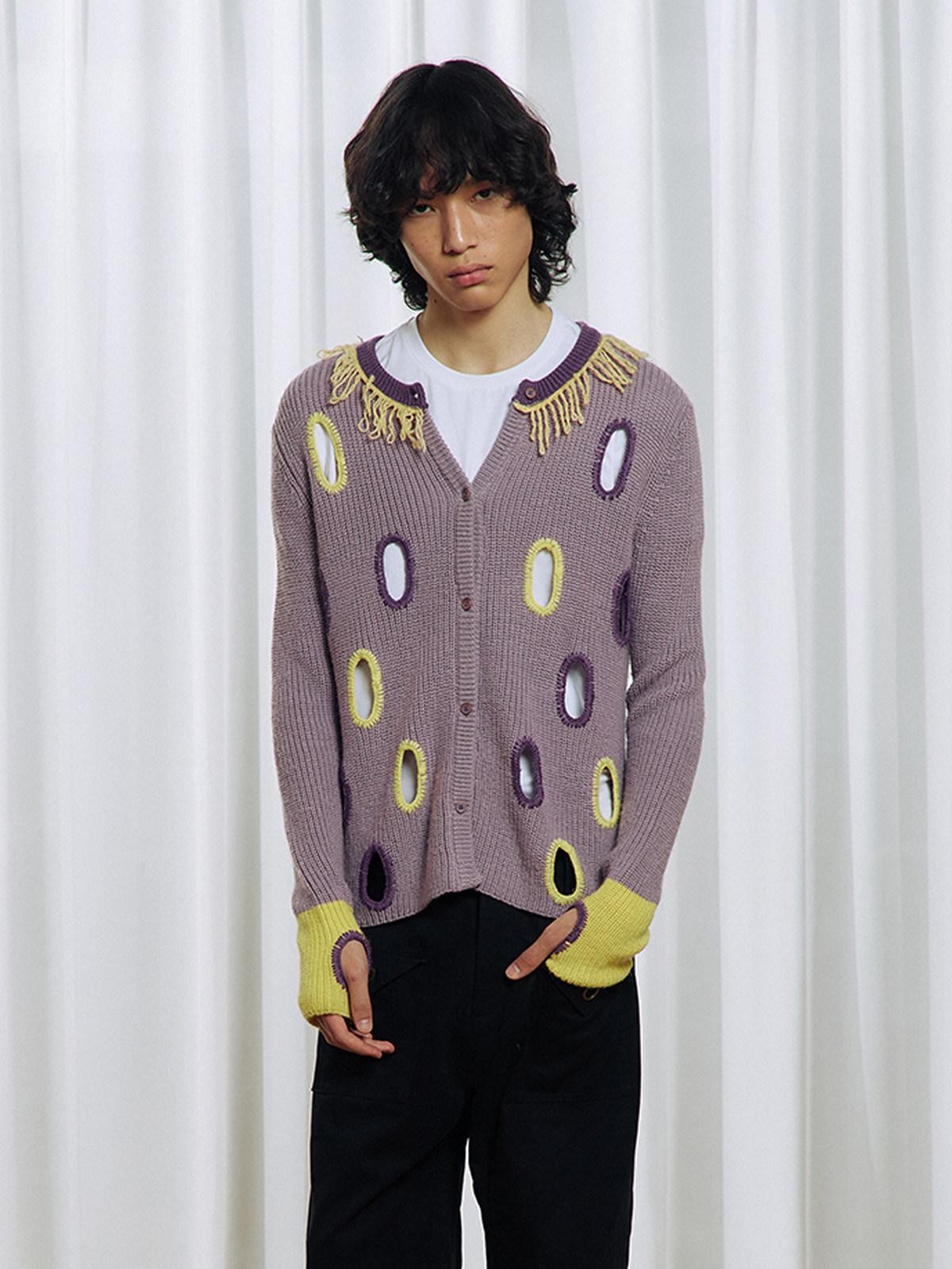 APRIORITY Purple Cutout Geometric Contrast V-neck Women's Wool Blend Cardigans