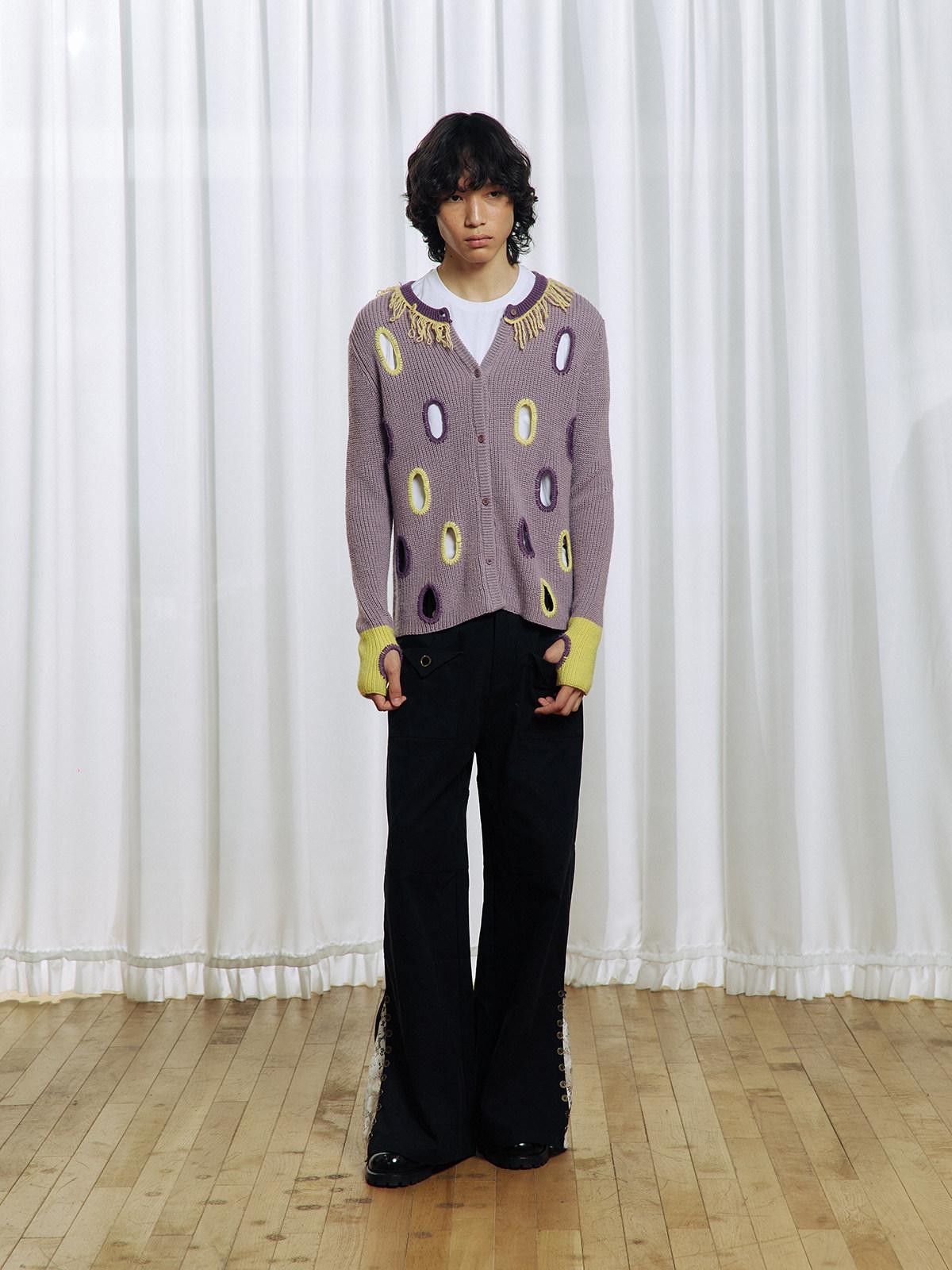 APRIORITY Purple Cutout Geometric Contrast V-neck Women's Wool Blend Cardigans