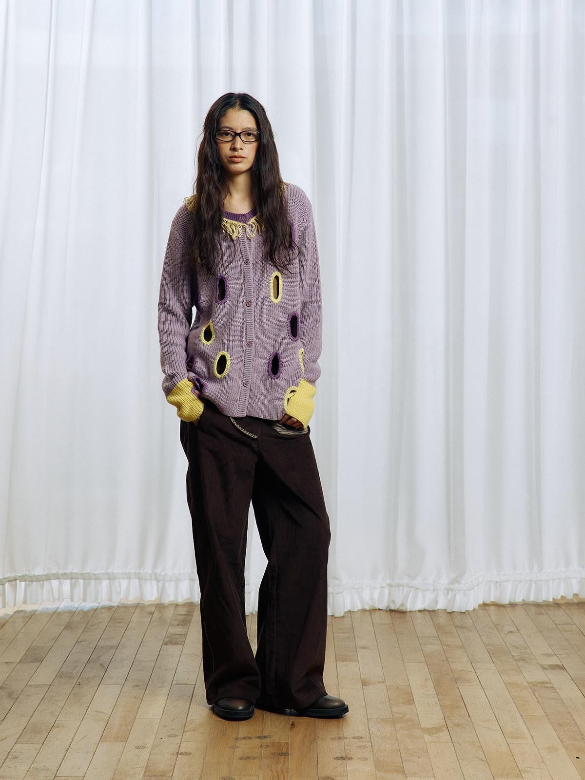 APRIORITY Purple Cutout Geometric Contrast V-neck Women's Wool Blend Cardigans
